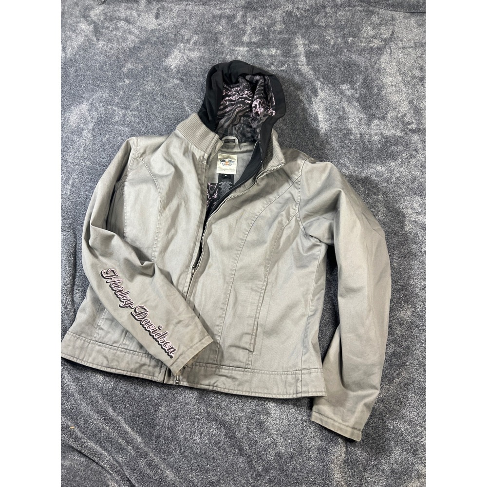 Harley-Davidson Womens XL Gray Cotton Hooded Riding Jacket Pink Winged Logo Logo